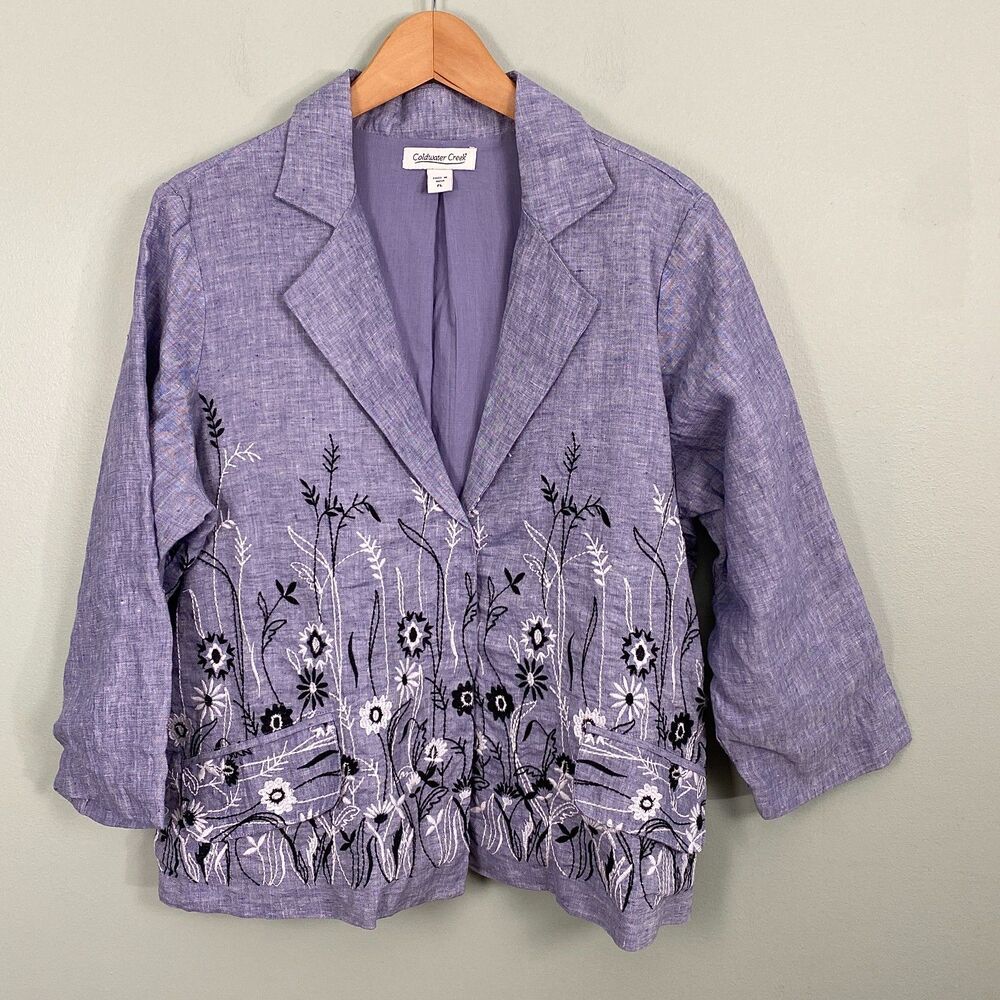 Coldwater Creek Linen Blazer Womens Large Petite LP Embroidered Floral Jacket